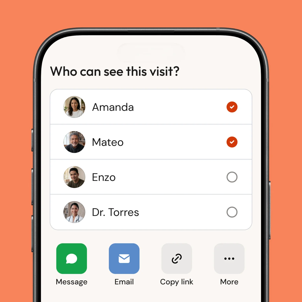 Kin sharing screen with care circle options